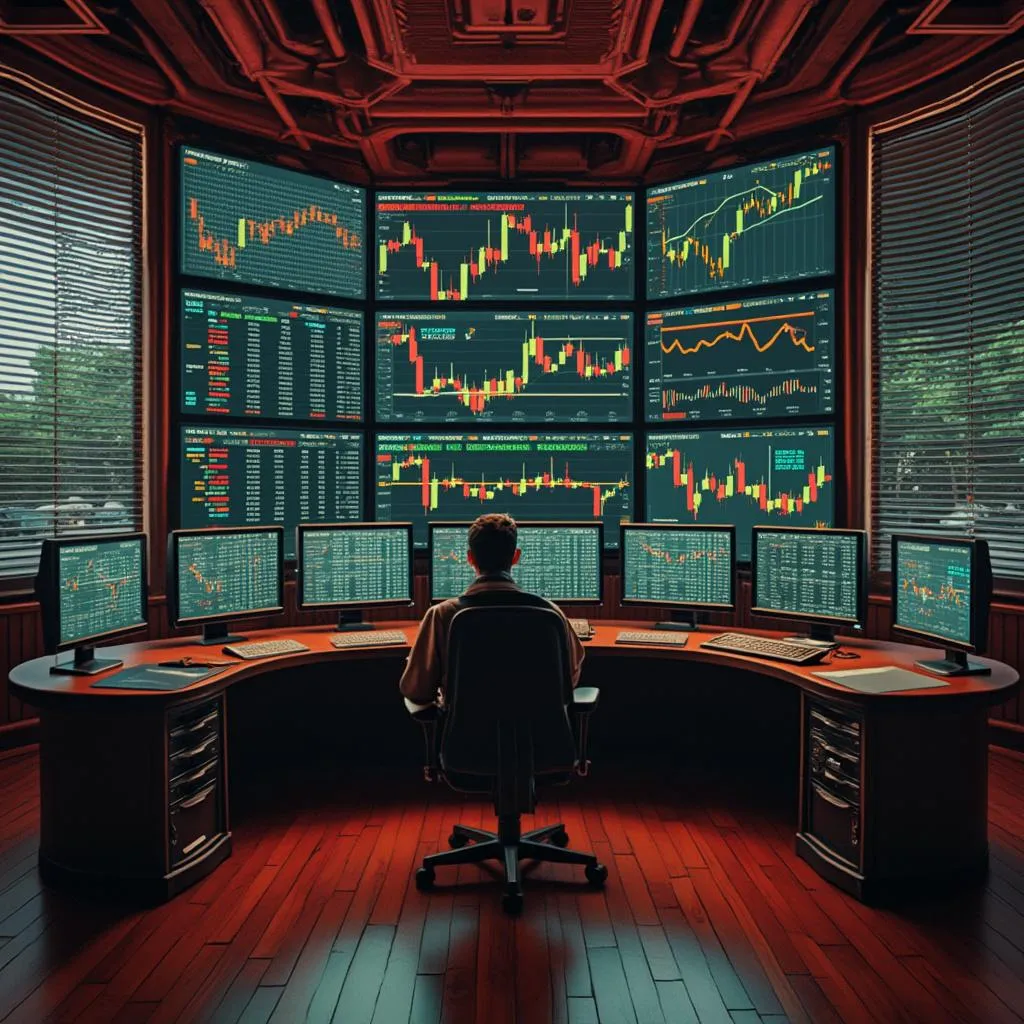 Sala de trading con pantallas retro